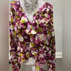 Details wrap tie top ruffle blouse front 3D flower cranberry pink & green 2X